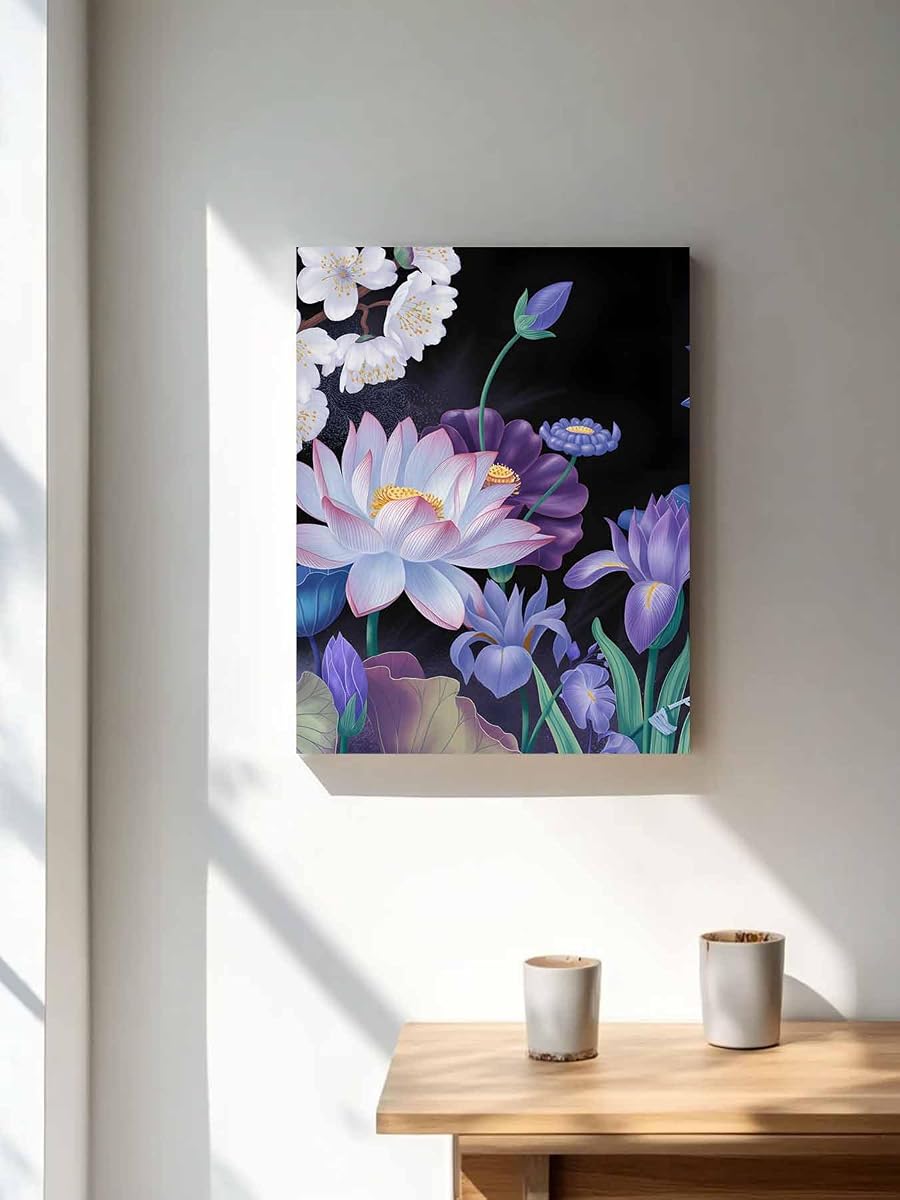 NuYeBiofx Blue Purple Colorful Lotus Canvas Wall Art Prints,48"x32" Framed Picture Artwork Watercolor Flower Leaves Plant Printed Canvas Oil Painting for Living Room Bedroom Office,Ready to Hang