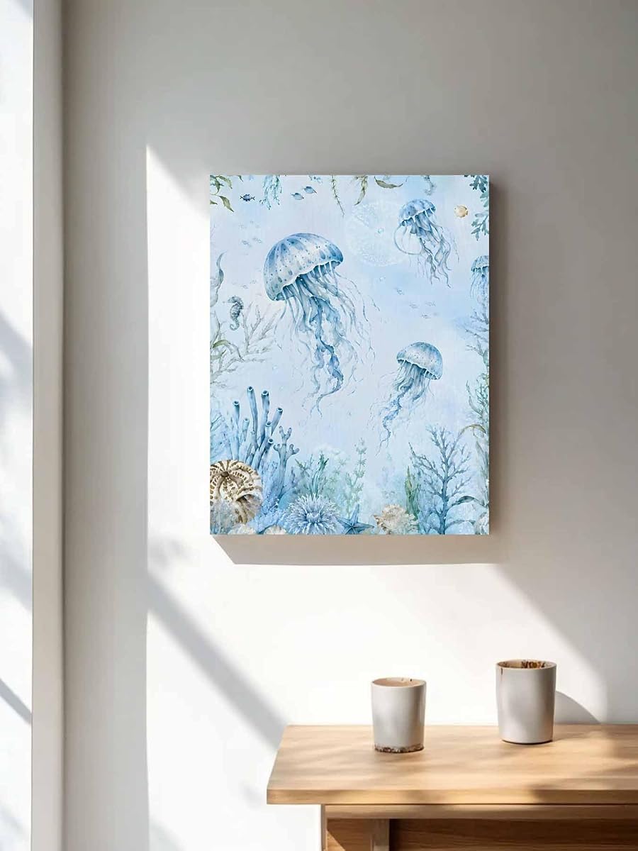 NuYeBiofx Summer Marine Life Jellyfish Canvas Wall Art Prints,30"x20" Framed Picture Artwork Coastal Starfish Corals Printed Canvas Oil Painting for Living Room Bedroom Office,Ready to Hang