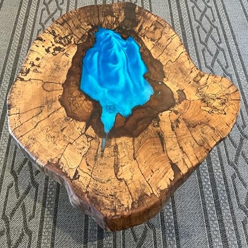 RESINHOMEFURNITURE Round Wooden Table with Blue Epoxy Lake Design Coffee Table Console Table Side Table Living Room Table Center Table Patio Table End Table (30 Inches Tall, 36 x 36 Inches)