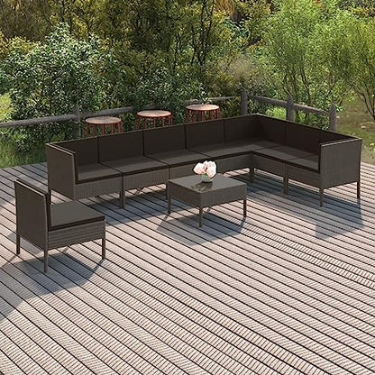 9 Piece Modular Garden Lounge Set, Outdoor Rattan Patio Furniture Sectional Sofa with Anthracite Cushions and Table, Grey Polyrattan Conversation Set for Backyard Porch