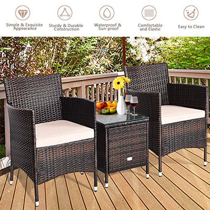 3 Piece Patio Set Wicker Rattan Furniture Set Outdoor Rattan Conversation Set with Coffee Table Chairs & Thick Cushions Bistro Sets for Patio Garden Lawn Backyard Pool