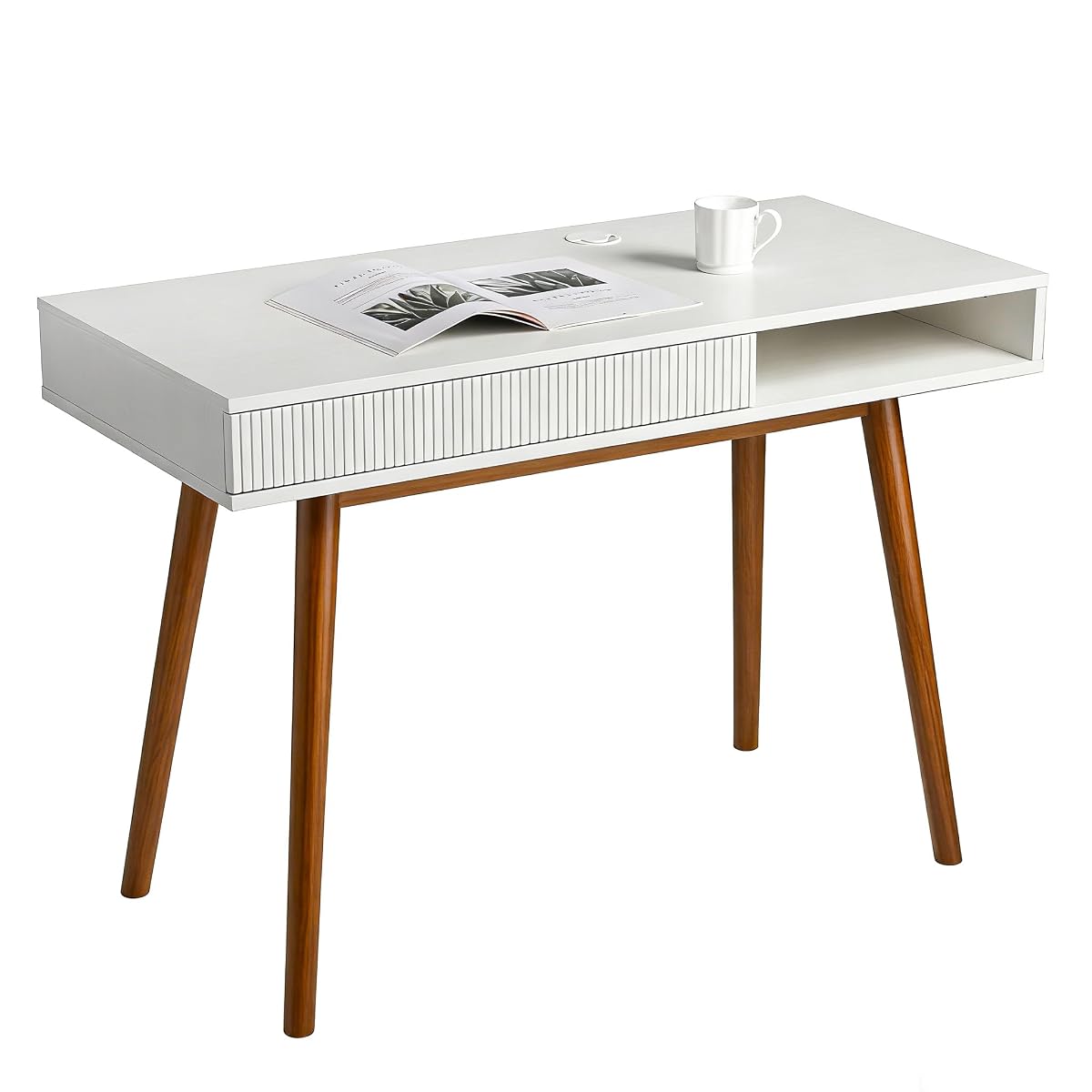 White Wood Desk with Drawer, 42" Mid Century Modern Writing Desk