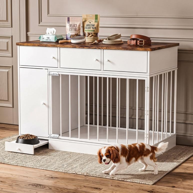Dog Crate Furniture with 4 Storage & Bowl Design, 48’’ Dog Kennelf Indoor
