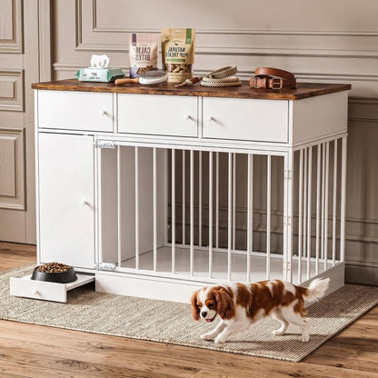 Dog Crate Furniture with 4 Storage & Bowl Design, 48’’ Dog Kennelf Indoor