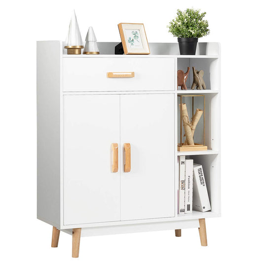 Floor Storage Cabinet, Freestanding Cupboard with 1 Drawer, 2 Doors, 3 Shelves, 4 Rubber Wood Legs, Sideboard, Entryway Unit for Home Office, Living Room, Storage Organizer (White)