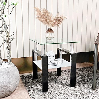 Glass Side Table 2-Tier Modern Glass Top Corner Table Living Room Square Side Table with Metal Leg for Living Room, Dining Room, Bedroom (1, Clear)
