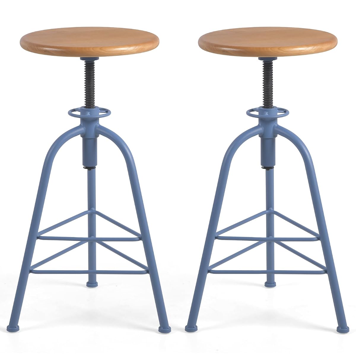 Bar Stools, Set of 2 Solid Wood Metal Breakfast Stools, 24"-28.35" Barstools for Dining Room Kitchen Home Counter Bar Height Adjustable Swivel Round Seat 3 Legs, Blue & Oak