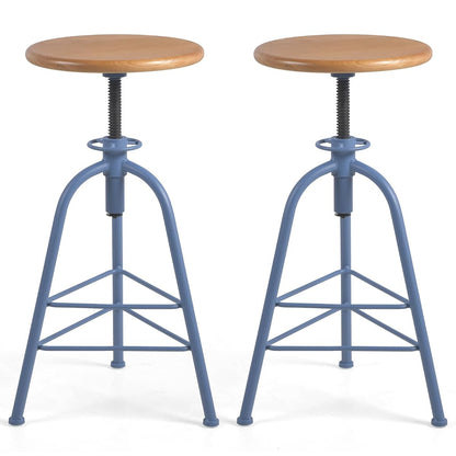 Bar Stools, Set of 2 Solid Wood Metal Breakfast Stools, 24"-28.35" Barstools for Dining Room Kitchen Home Counter Bar Height Adjustable Swivel Round Seat 3 Legs, Blue & Oak