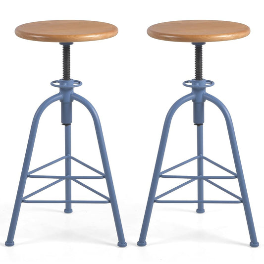 Bar Stools, Set of 2 Solid Wood Metal Breakfast Stools, 24"-28.35" Barstools for Dining Room Kitchen Home Counter Bar Height Adjustable Swivel Round Seat 3 Legs, Blue & Oak