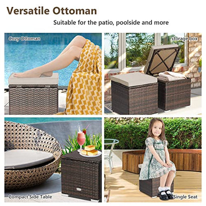 2 Pieces Patio Ottomans, Patiojoy Hand-Woven PE Rattan Side Table with Removable Cushion & Hidden Storage Space, Multifunctional Storage Box, Seat for Patio, Backyard, Poolside (Beige)