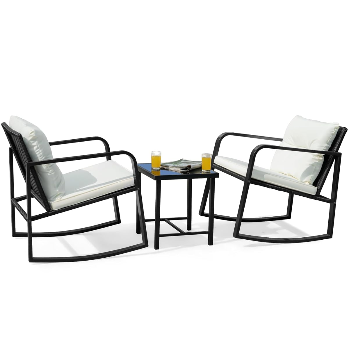 Patio Chairs 3 Piece Wicker Rocking Chair Outdoor Bistro Sets with Coffee Table and Cushions Metal Frame Patio Furniture for Porch, Balcony, Lawn (White)