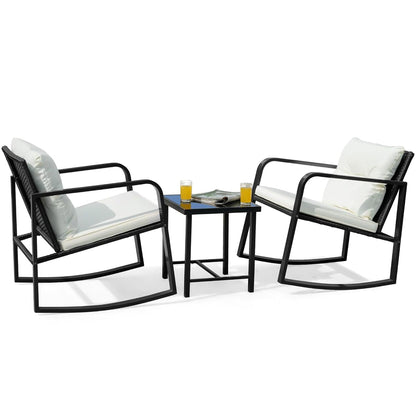 Patio Chairs 3 Piece Wicker Rocking Chair Outdoor Bistro Sets with Coffee Table and Cushions Metal Frame Patio Furniture for Porch, Balcony, Lawn (White)