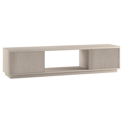 Fluted TV Stand for TVs up to 78" with 2 Ribbed Side Storage Cabinets and Open Center Storage for Living Room, Family Room, or Office, Beech White
