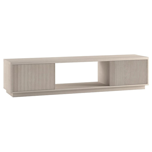 Fluted TV Stand for TVs up to 78" with 2 Ribbed Side Storage Cabinets and Open Center Storage for Living Room, Family Room, or Office, Beech White