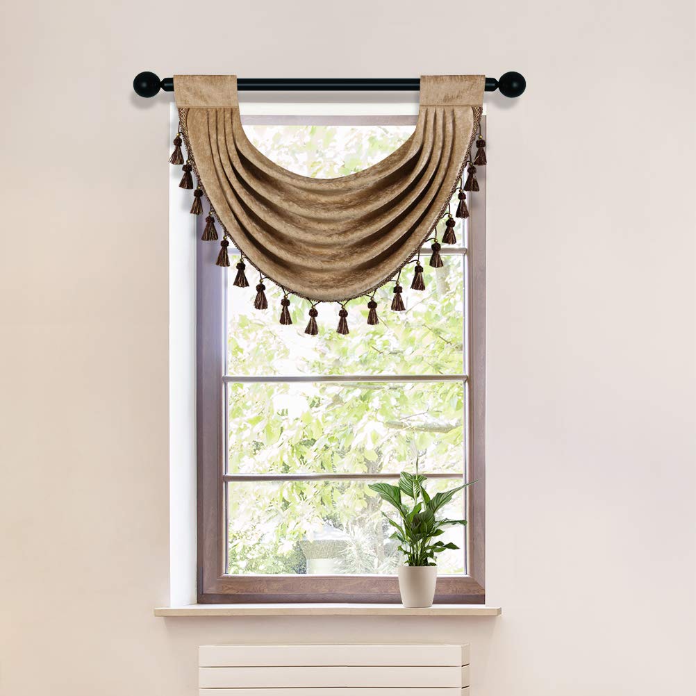 Coffee Thick Chenille Waterfall Swag Valance for Living Room Kitchen Valance Curtains,Pack of 1(Coffee, 30" W x 22" L)