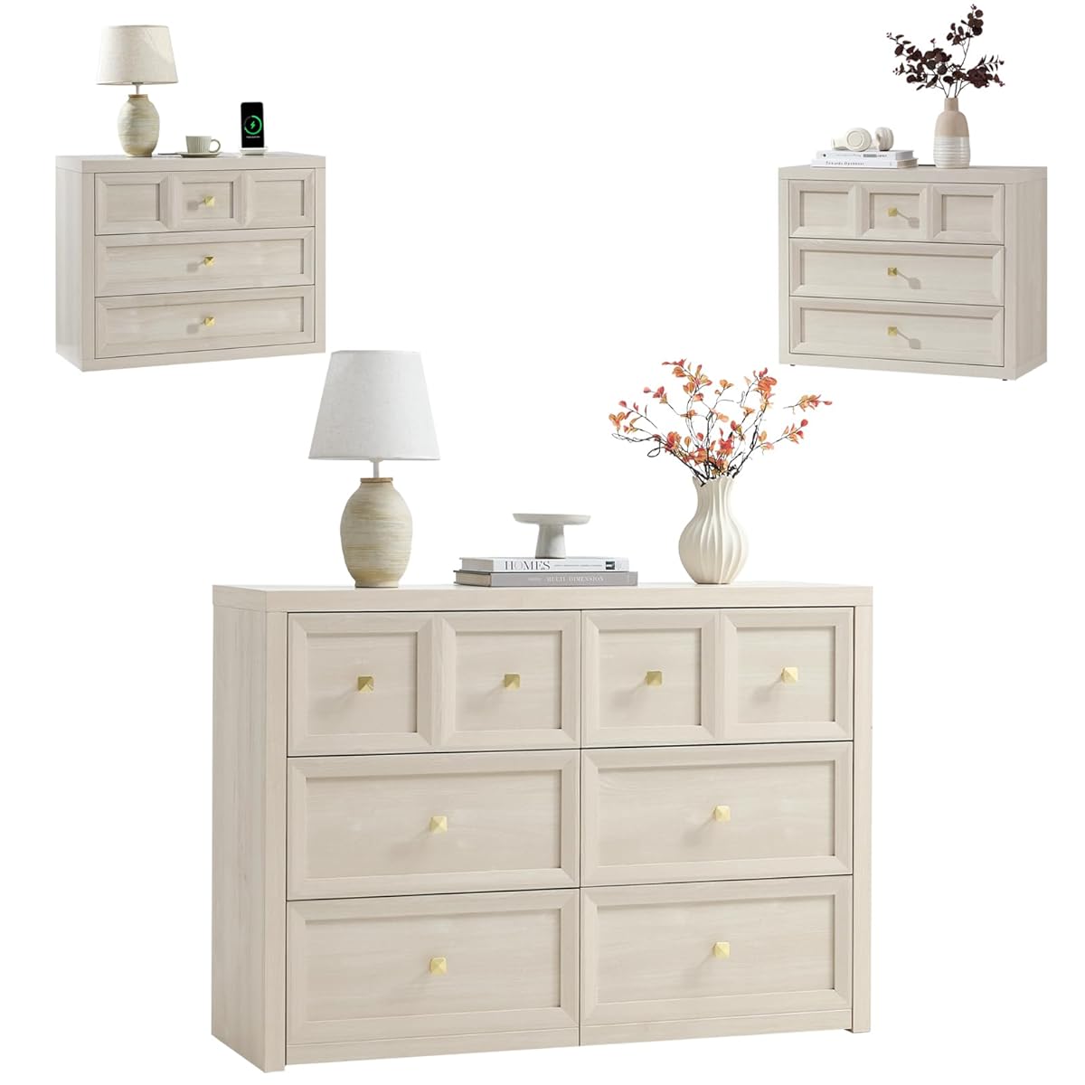 3 Piece Bedroom Set - Includes 6 Drawer Dresser and 3 Drawer King Size Nightstands Set of 2 with Charging Station, 3 Piece Farmhouse Dresser and Nightstand Sets,Grey White