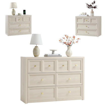 3 Piece Bedroom Set - Includes 6 Drawer Dresser and 3 Drawer King Size Nightstands Set of 2 with Charging Station, 3 Piece Farmhouse Dresser and Nightstand Sets,Grey White