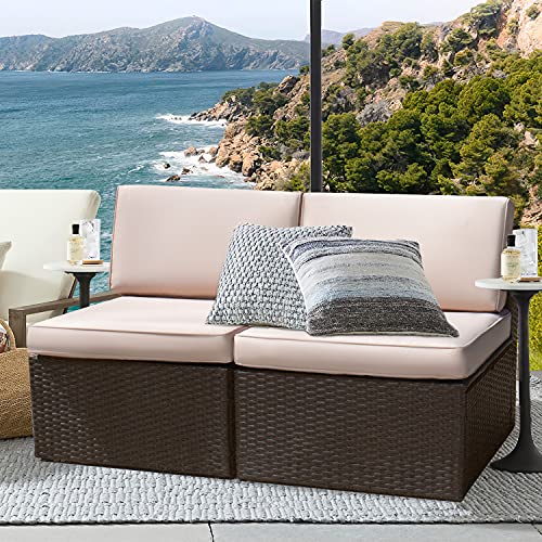 2 Pieces Patio Furniture Sets,Wicker Outdoor Sofa with Thick Cushion and Pillow,Small Sectional Couch All-Weather Armless Sofa for Backyard,Porch & Poolside,Waterproof Patio Furniture