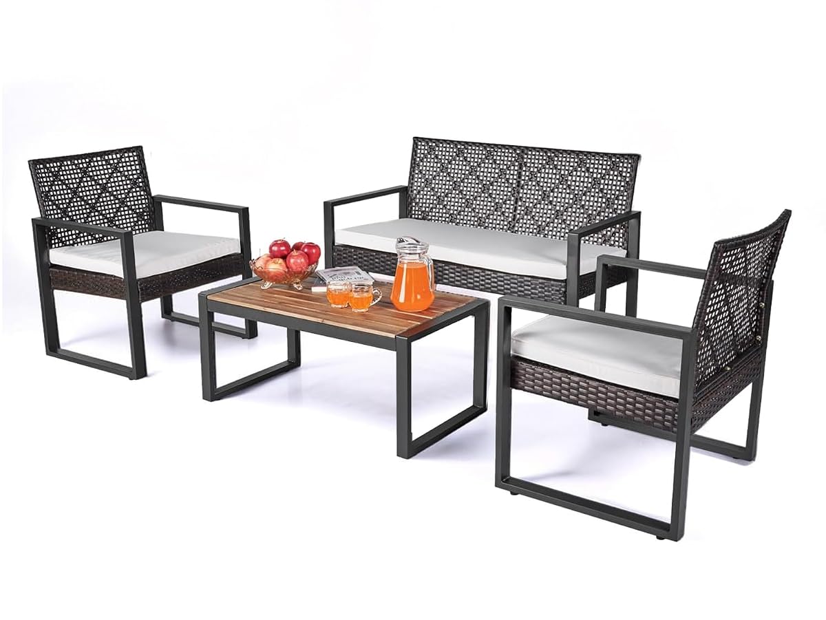 Wicker Patio Furniture Outdoor Conversation Set of 4, Rattan Outdoor Furniture Set, Acacia Wood Table, 2 Chairs, 1 Loveseat, 2” Cushions, All Weather Set for Patio, Porch, Balcony (Black)