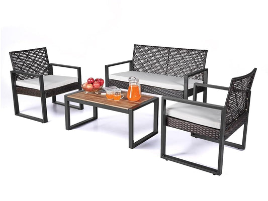 Wicker Patio Furniture Outdoor Conversation Set of 4, Rattan Outdoor Furniture Set, Acacia Wood Table, 2 Chairs, 1 Loveseat, 2” Cushions, All Weather Set for Patio, Porch, Balcony (Black)