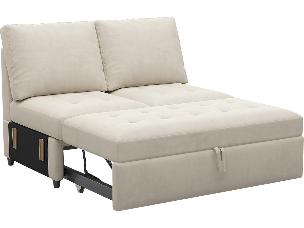 Pull Out Sofa Bed Module Part for Modular Sectional Sleeper Sofa Armless Loveseat with Pull Out Bed for Sectional Couch Beige