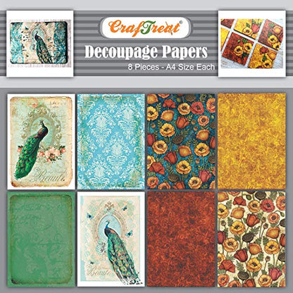 Peacock Decoupage Paper for Crafts - Peacock and Poppy Garden - Size: A4 (8.3 x 11.7 Inch) 8 Pcs - Damask Decoupage Paper for Furniture, Scrapbooking and Wood