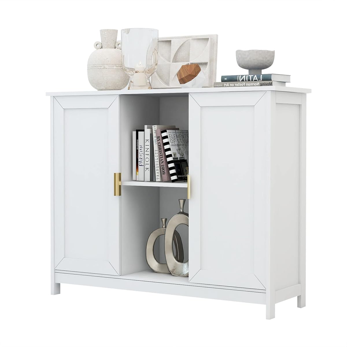White Buffet Cabinet with Storage,Wooden Narrow Sideboard Entryway Cabinets,Modern White Cabinet with Doors Credenza