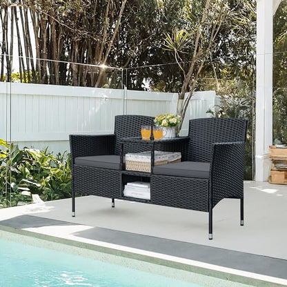 Patio Loveseat Outdoor Wicker Furniture Conversation Set with Soft Cushions & Built-in Coffee Table for Lawn Garden Backyard, Gray