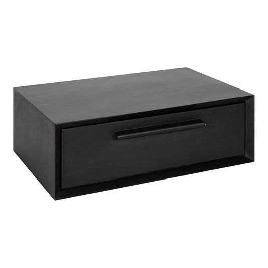 Black floating wood storage shelf nightstand with concealed cubby