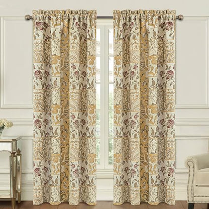 Damask Patchwork Curtains for Bedroom, Beige Yellow Lined Jacquard Curtains 2 Panels with Tiebacks, Window Curtain for Living Room Banquet Halloween Decor, Rod Pocket(52”x 84”, 2 Panels)
