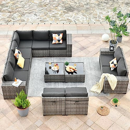 Outdoor Patio Sectional Furniture Sofa Set with Widened Armrest,12 Piece Large Modern Wicker Couch,Modular L Shaped Conversation Seating Set with Table for Out Door Garden Corner(Black)