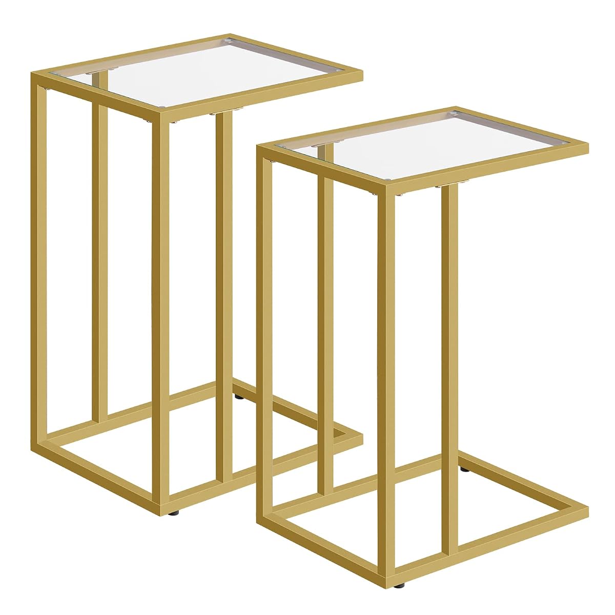 C Shaped End Table, Set of 2, Glass Side Table with Metal Frame, Gold Coffee Table for Small Space, Modern Style, for Living Room, Gold GD03SFP201