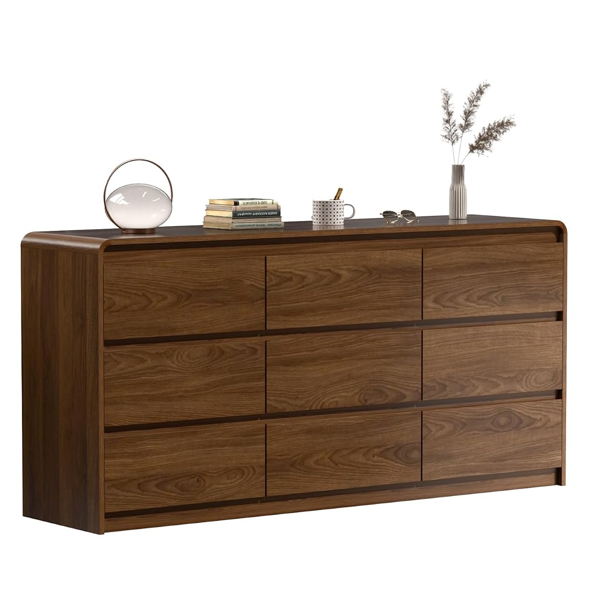 9 Drawer Dresser, 63" Wide Walnut Dresser with Soft-Close Drawers