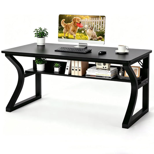 55 X 24 inch Computer Desk, Office Desk w/Storage,Cable Management, Sturdy U-Shaped Metal Frame, Mordern Home Office Desks for Gaming Study Writing (Black, 55 inch)