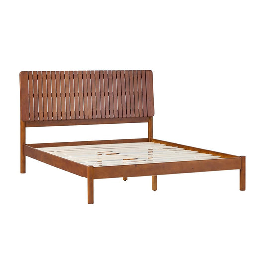 Queen Transitional Vertical Slatted Headboard Solid Wood Bed, Queen Size, Brown