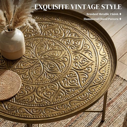 24" Round Coffee Table with Hammered Tray Top, Vintage Metal Center Table for Living Room, Bedroom, Side Table, Gold