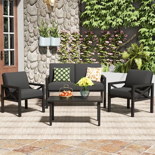 Outdoor Patio Furniture 4 Pieces Set, Modern Patio Conversation Sets, Outdoor Sectional Metal Sofa with 5.5 Inch Cushion and Coffee Table,Black