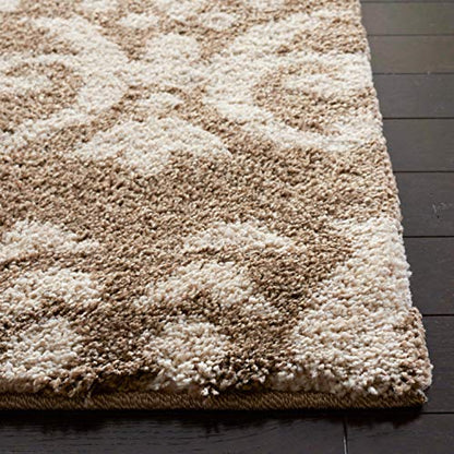 SAFAVIEH Florida Shag Collection Runner Rug - 2'3" x 17', Beige & Cream, Damask Design, Non-Shedding & Easy Care, 1.2-inch Thick Ideal for High Traffic Areas in Living Room, Bedroom (SG460-1311)