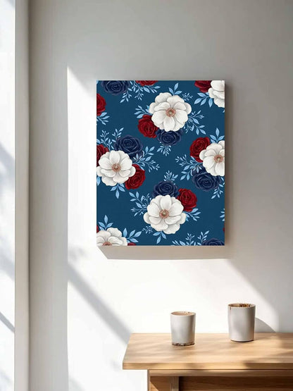 NuYeBiofx Independence Day Floral Canvas Wall Art Prints,48"x32" Framed Picture Artwork Red White Blue Roses Pattern Printed Canvas Oil Painting for Living Room Bedroom Office,Ready to Hang