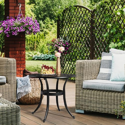23.6" Cast Aluminum Round Patio Table with Umbrella Hole - All Weather Outdoor Bistro & End Table (Black)