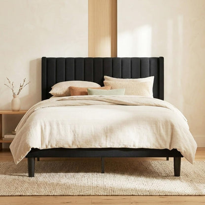 Queen Modern Upholstered Platform Bed Frame with Headboard, Black
