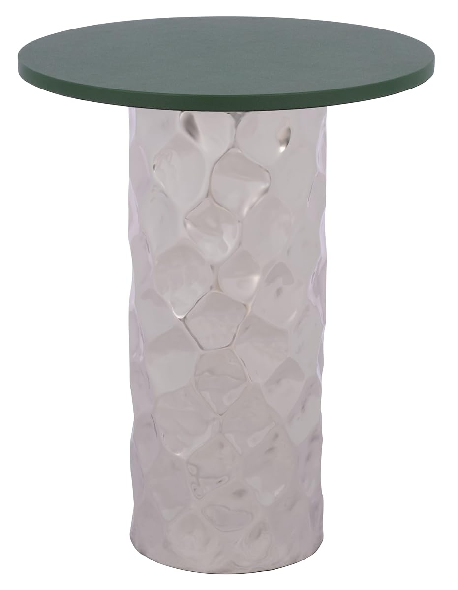 SAFAVIEH Home Collection – Hasu Green Faux Leather & Silver Metal Side Table, Round Top Accent Table (FOX5534A)