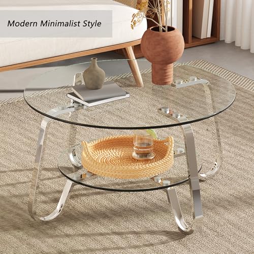 31.5" Silver Round Glass Coffee Table Modern Living Room Table 2-Layer Sofa, view 7