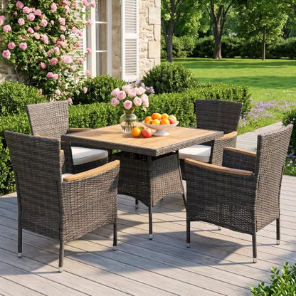 5-Pieces Patio Table and Chairs Set, Rattan Patio Table Set with Acacia Wood Tabletop, Patio Outdoor Dining Set for 4, Patio Furniture Set with Cushions for Deck Garden Backyard, Grey