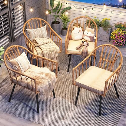4 Pieces Rattan Wicker Dinning Chairs, Outdoor Indoor Patio Furniture Set with Cushion and Curved Back All Weather Bistro Chair for Garden Backyard Porch Poolside Restaurant (Beige)