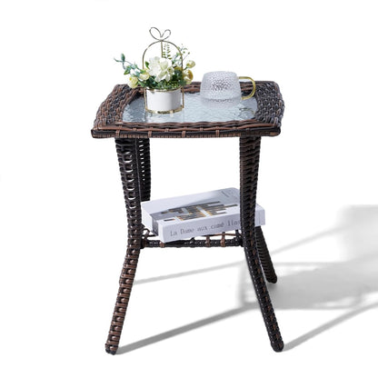 Rattan Outdoor Side Table with Glass Top & Storage Shelf | Small patio end coffee table, versatile furniture for porch, backyard, balcony and indoor living room