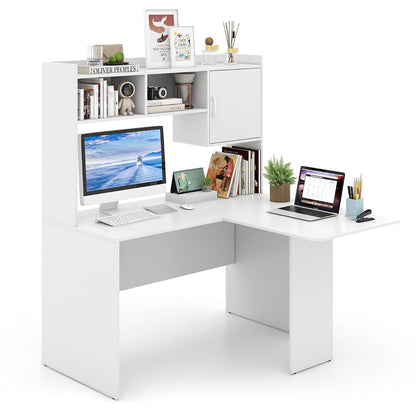 L Shaped Desk with Hutch, White Corner Desk with Storage Shelf & Cabinet