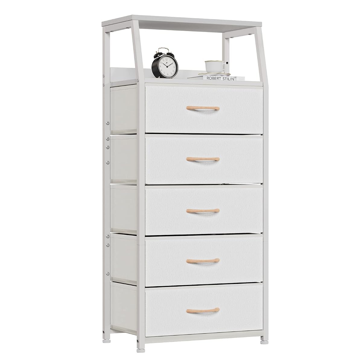White Tall Dresser for Bedroom, 5 Fabric Bins Tall Nightstand, Dorm Dresser