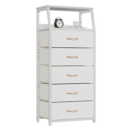 White Tall Dresser for Bedroom, 5 Fabric Bins Tall Nightstand, Dorm Dresser