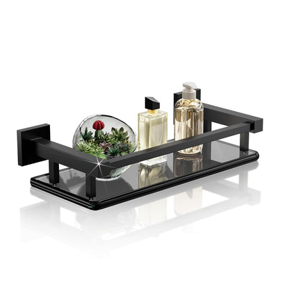 Glass Shelves for Bathroom Wall, Tempered Glass Bathroom Shelf Wall Mounted, Modern Space Saving Floating Shelves 12 inch, Matte Black